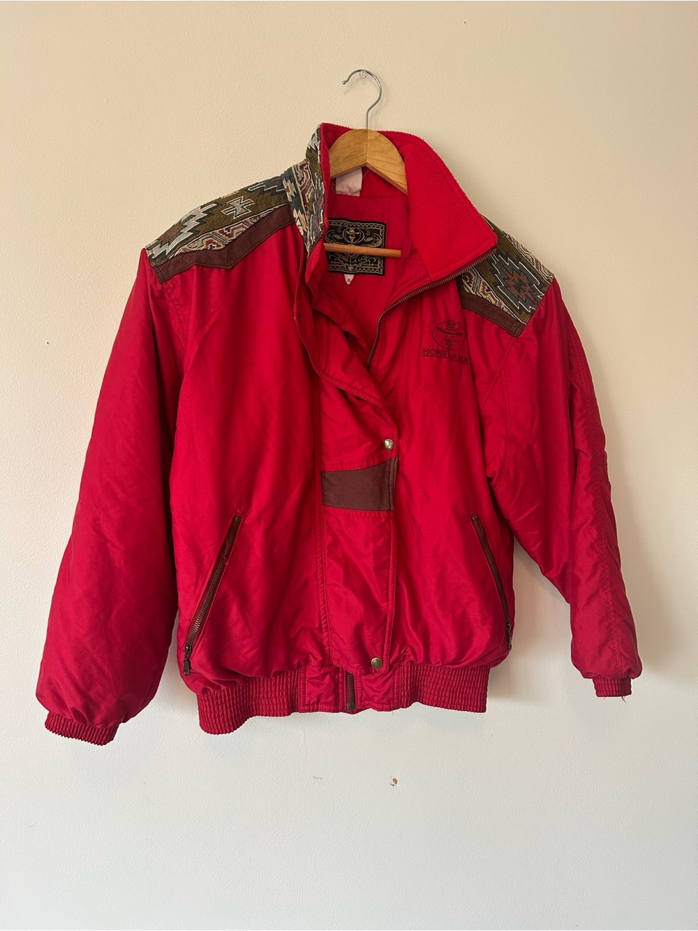 Vintage Red Bomber Jacket with Brown Southwestern Accents